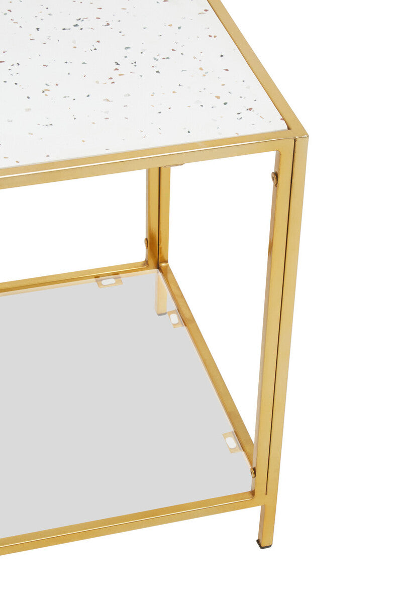 Glass Top Side Table with White Terrazzo Effect Shelf and Gold Metal Frame