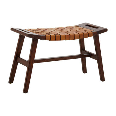 Tan Leather and Teak Wood Stool with Lattice Design