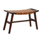 Tan Leather and Teak Wood Stool with Lattice Design