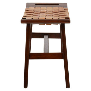 Tan Leather and Teak Wood Stool with Lattice Design