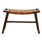 Tan Leather and Teak Wood Stool with Lattice Design