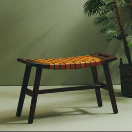 Tan Leather and Teak Wood Stool with Lattice Design