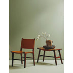 Tan Leather and Teak Wood Stool with Lattice Design