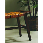 Tan Leather and Teak Wood Stool with Lattice Design
