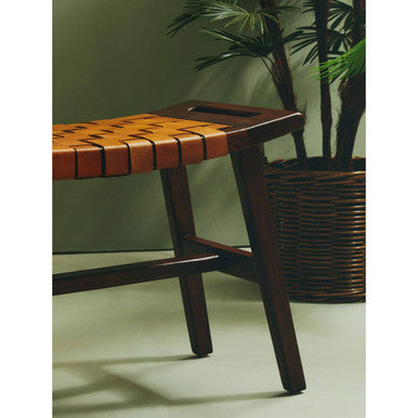 Tan Leather and Teak Wood Stool with Lattice Design