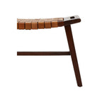 Tan Leather and Teak Wood Stool with Lattice Design