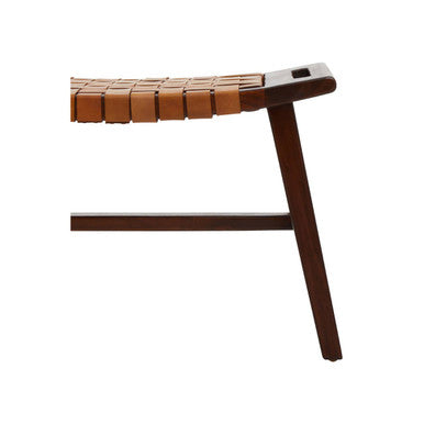 Tan Leather and Teak Wood Stool with Lattice Design
