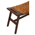 Tan Leather and Teak Wood Stool with Lattice Design
