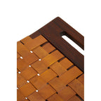 Tan Leather and Teak Wood Stool with Lattice Design