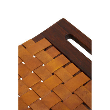 Tan Leather and Teak Wood Stool with Lattice Design