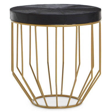 Black Hair on Leather Side Table with Gold Frame