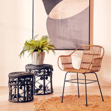 Natural Rattan Armchair with Black Metal Legs