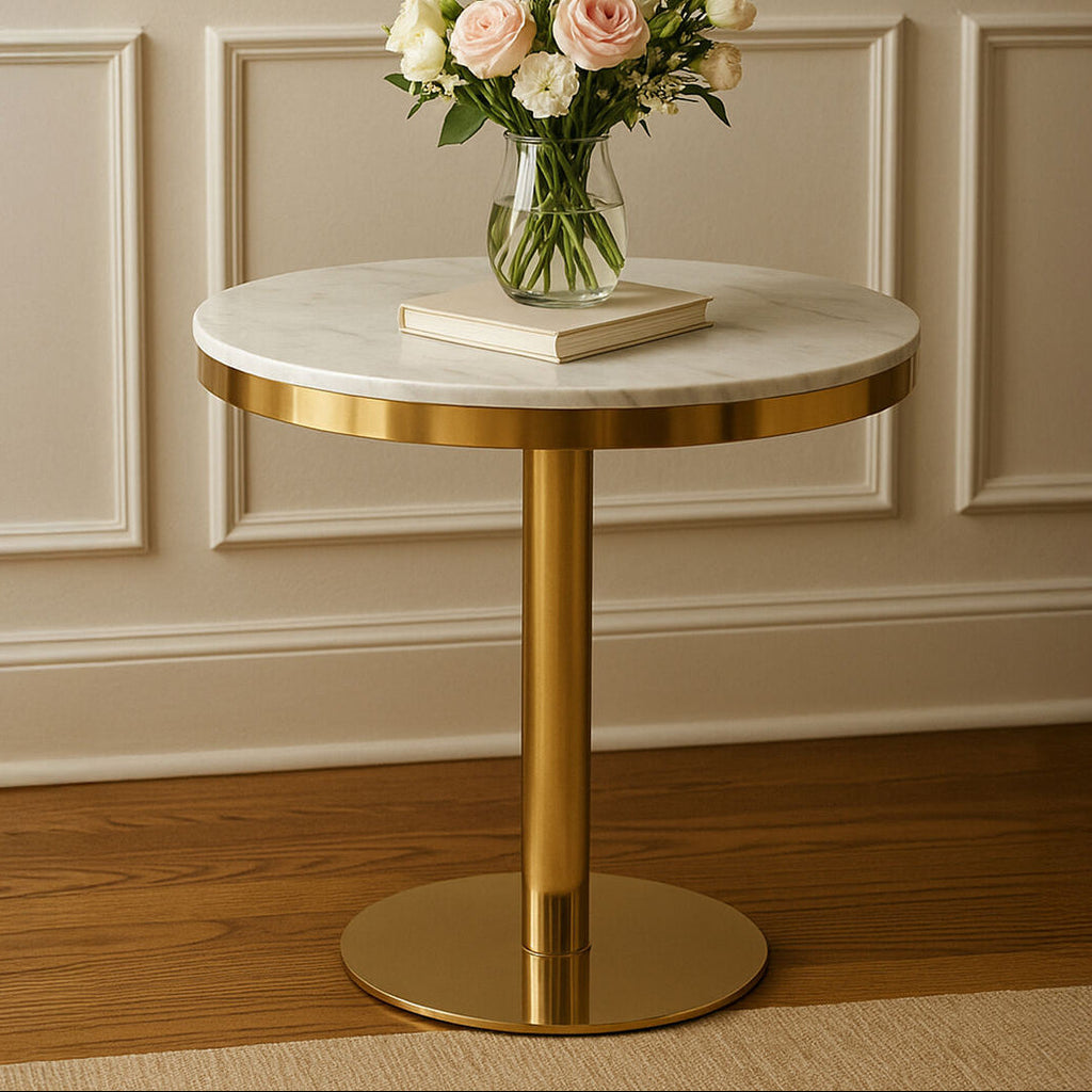 White Marble Round Dining Table with Gold Finish Base