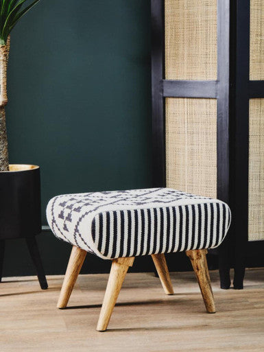 Black and White Cotton Footstool with Berber Style