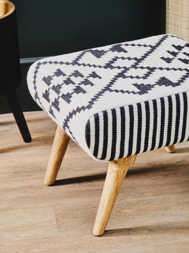 Black and White Cotton Footstool with Berber Style