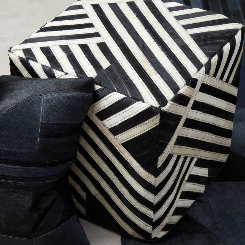 Bosie Black and White Stripe Leather Pouffe
