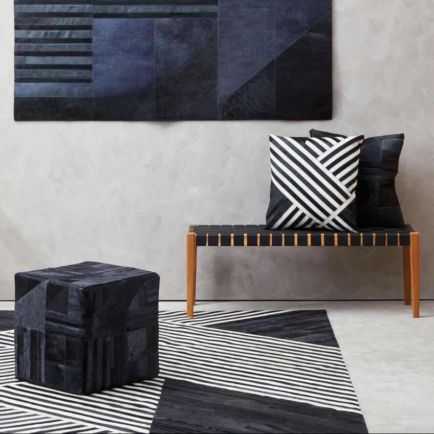 Bosie Black and Grey Deco Hair on Leather Pouffe