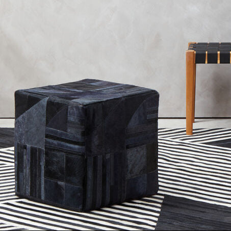 Bosie Black and Grey Deco Hair on Leather Pouffe