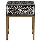 Black Wood Inlay 1-Drawer Side Table with Floral Handle and Gold Metal Finish Base