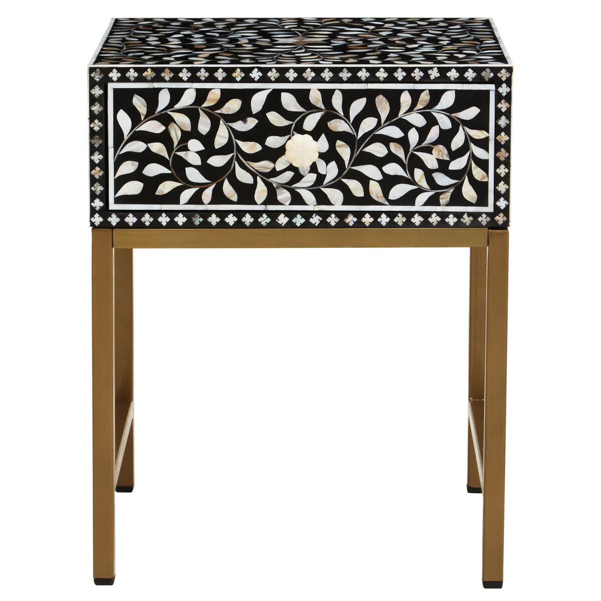 Black Wood Inlay 1-Drawer Side Table with Floral Handle and Gold Metal Finish Base