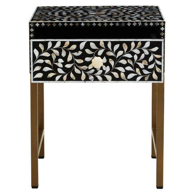 Black Wood Inlay 1-Drawer Side Table with Floral Handle and Gold Metal Finish Base