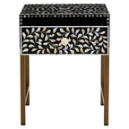 Black Wood Inlay 1-Drawer Side Table with Floral Handle and Gold Metal Finish Base