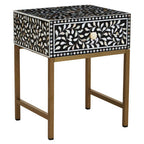 Black Wood Inlay 1-Drawer Side Table with Floral Handle and Gold Metal Finish Base