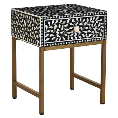 Black Wood Inlay 1-Drawer Side Table with Floral Handle and Gold Metal Finish Base