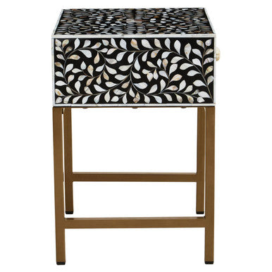 Black Wood Inlay 1-Drawer Side Table with Floral Handle and Gold Metal Finish Base