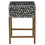 Black Wood Inlay 1-Drawer Side Table with Floral Handle and Gold Metal Finish Base