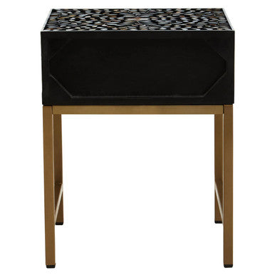 Black Wood Inlay 1-Drawer Side Table with Floral Handle and Gold Metal Finish Base