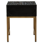 Black Wood Inlay 1-Drawer Side Table with Floral Handle and Gold Metal Finish Base