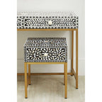 Black Wood Inlay 1-Drawer Side Table with Floral Handle and Gold Metal Finish Base