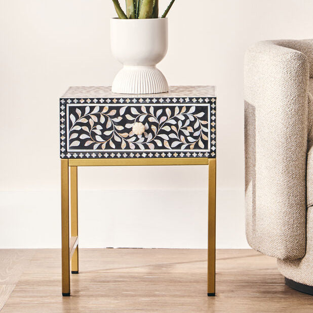 Black Wood Inlay 1-Drawer Side Table with Floral Handle and Gold Metal Finish Base