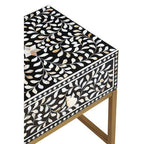 Black Wood Inlay 1-Drawer Side Table with Floral Handle and Gold Metal Finish Base