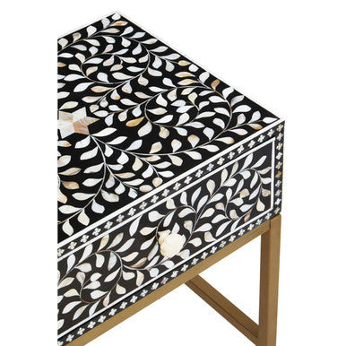 Black Wood Inlay 1-Drawer Side Table with Floral Handle and Gold Metal Finish Base