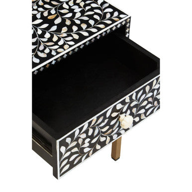 Black Wood Inlay 1-Drawer Side Table with Floral Handle and Gold Metal Finish Base