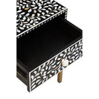 Black Wood Inlay 1-Drawer Side Table with Floral Handle and Gold Metal Finish Base