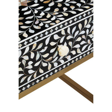 Black Wood Inlay 1-Drawer Side Table with Floral Handle and Gold Metal Finish Base