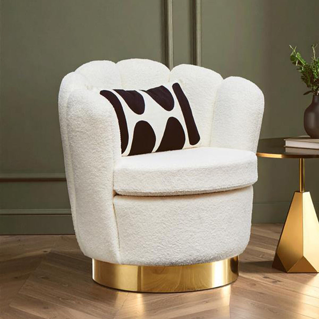 Off White Boucle Scalloped Swivel Chair with Gold Base