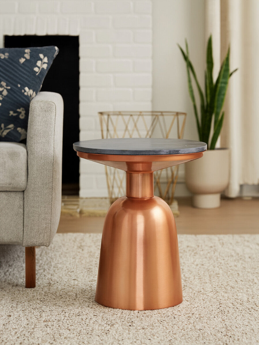 Black Marble Top Side Table with Chunky Copper Iron Base