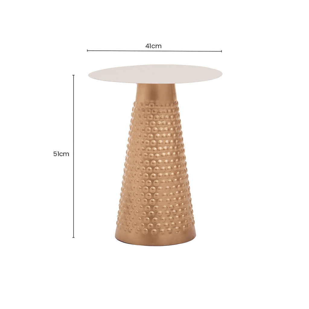 White Tabletop Side Table with Chunky Hammered Gold Base