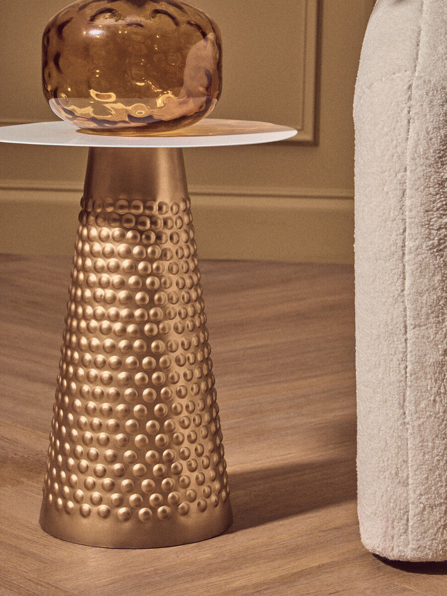 White Tabletop Side Table with Chunky Hammered Gold Base