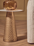 White Tabletop Side Table with Chunky Hammered Gold Base