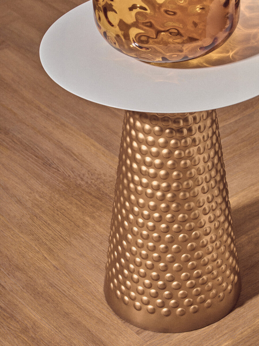 White Tabletop Side Table with Chunky Hammered Gold Base