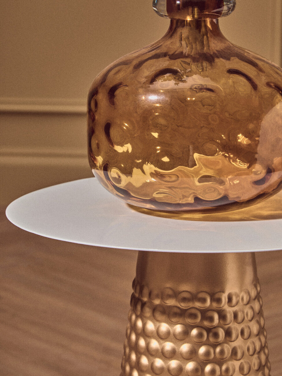 White Tabletop Side Table with Chunky Hammered Gold Base