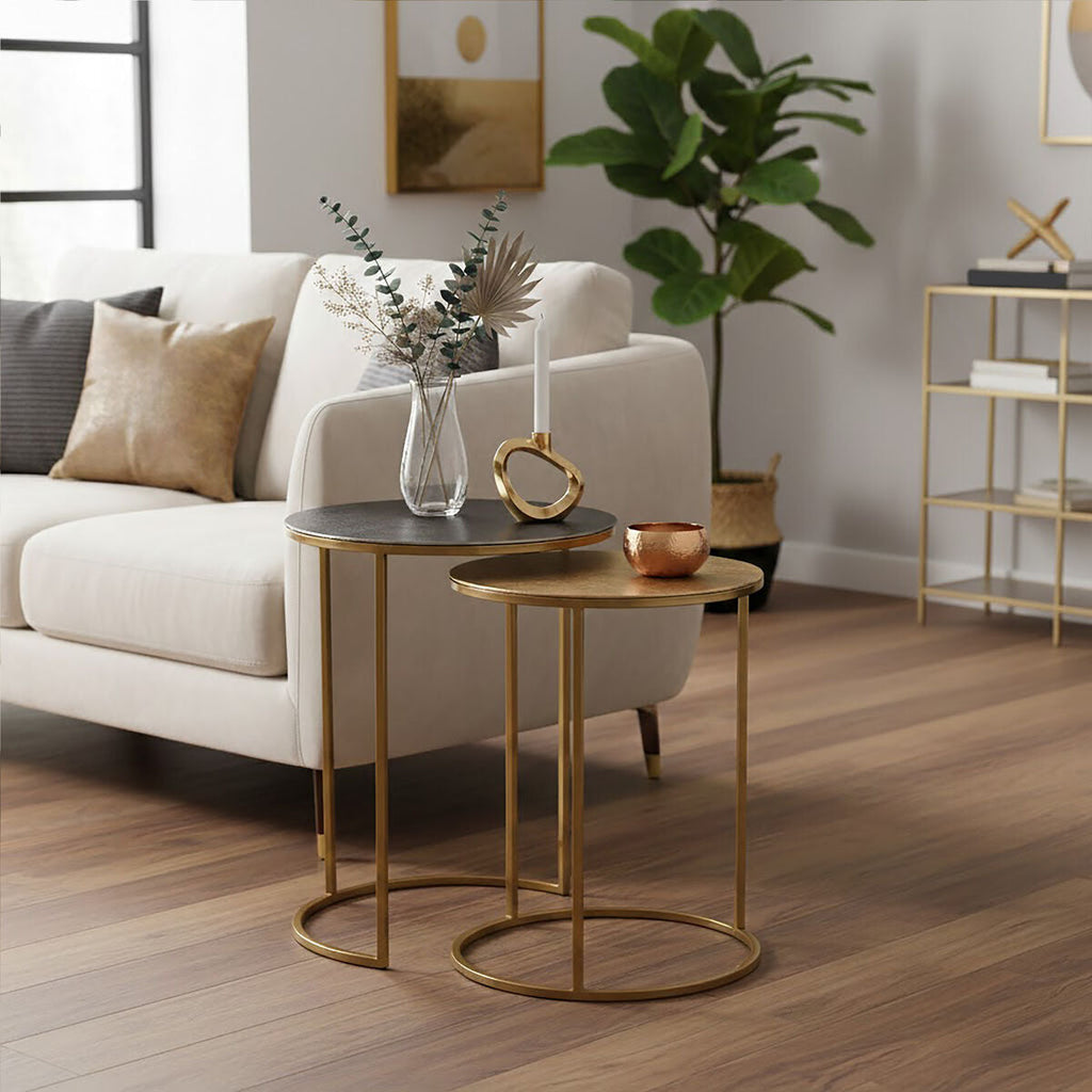 Nest of 2 Gold and Zinc Side Tables with Luxe Gold Steel Frames