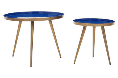 Blue Enamel Nest of Two Side Tables with Gold Finish Metal Frame