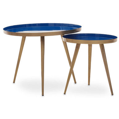 Blue Enamel Nest of Two Side Tables with Gold Finish Metal Frame