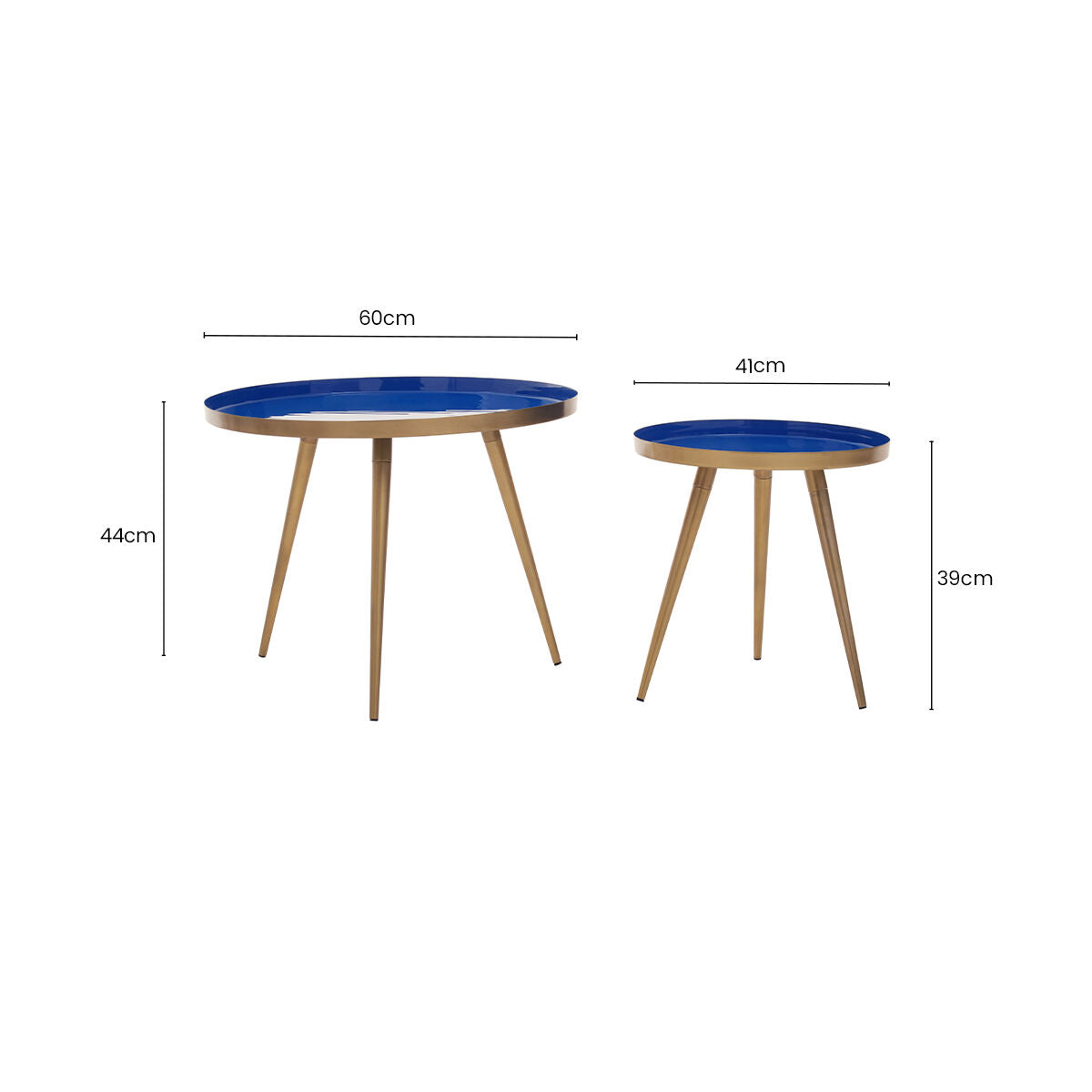 Blue Enamel Nest of Two Side Tables with Gold Finish Metal Frame